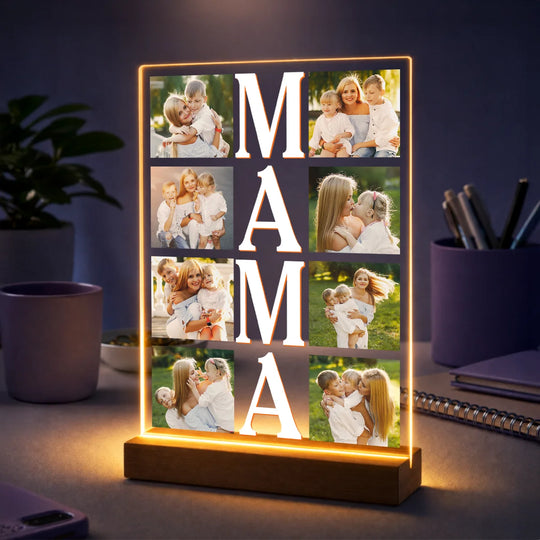 Prezent dla mamy na Dzień Matki – kolaż 8 zdjęć na szkle ze słowem MAMA