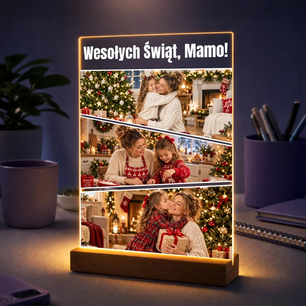 Świąteczny kolaż trzech zdjęć z mamą na szkle akrylowym z napisem Wesołych Świąt Mamo – prezent na Boże Narodzenie