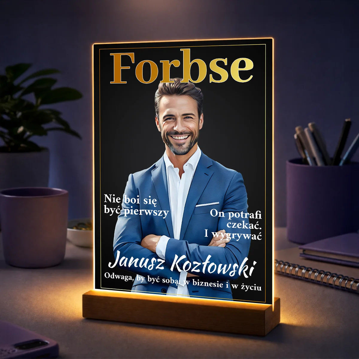 Prezent dla mężczyzny na urodziny – personalizowany portret na szkle styl magazynu biznesowego