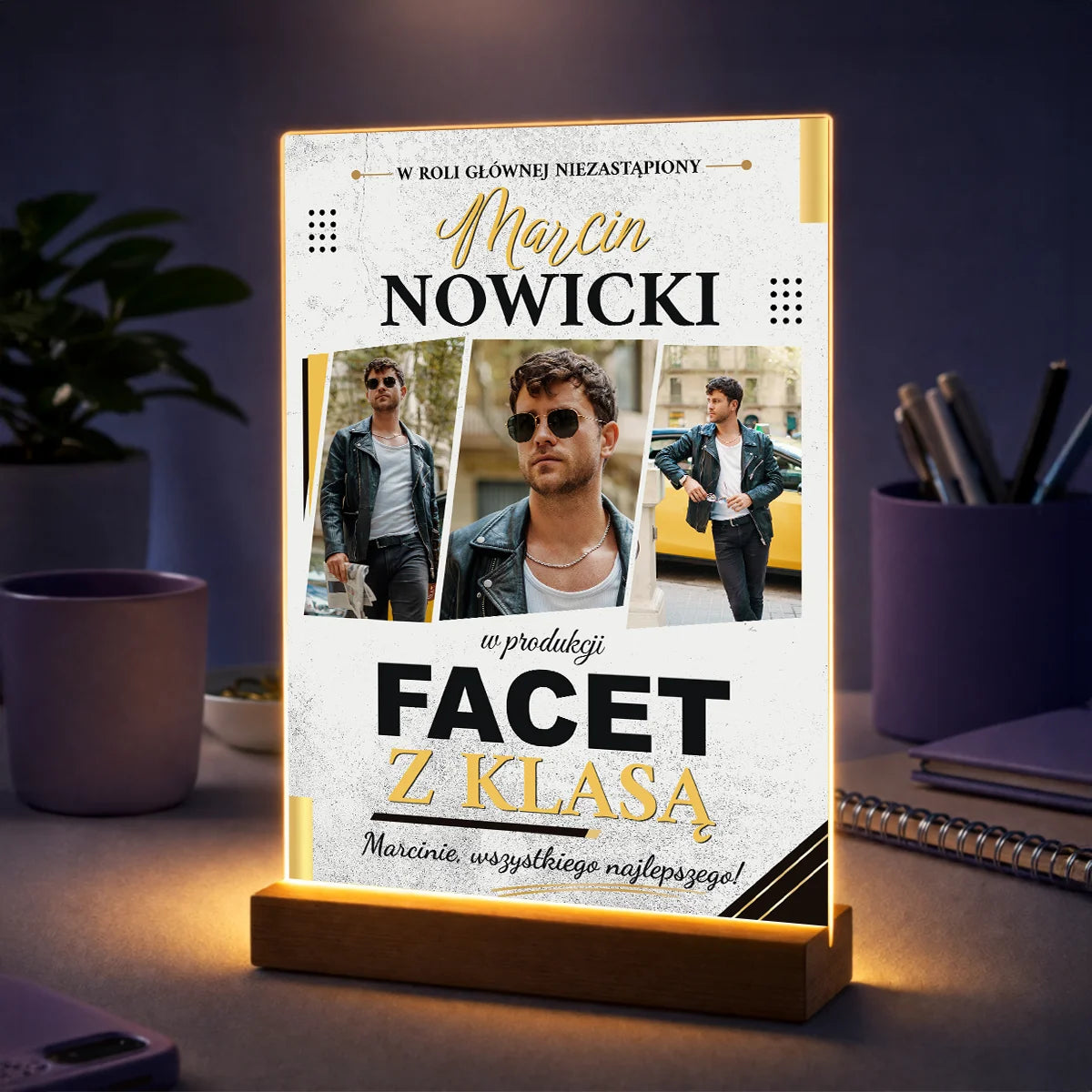 Oryginalny kolaż zdjęć na szkle dla niego w stylu plakatu filmowego Facet z klasą