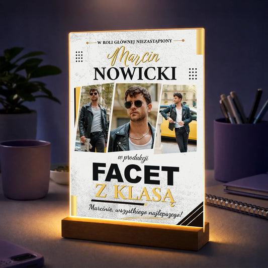Oryginalny kolaż zdjęć na szkle dla niego w stylu plakatu filmowego Facet z klasą