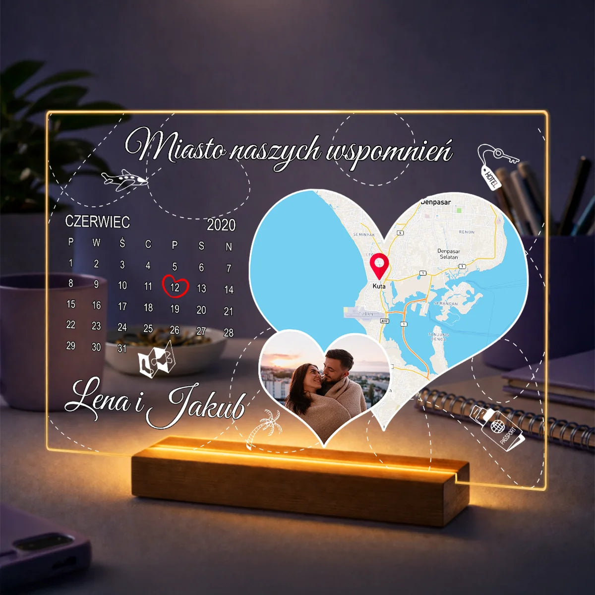Personalizowana mapa serca na szkle akrylowym dla pary ze zdjęciem, datą i miejscem poznania, romantyczny prezent na rocznicę