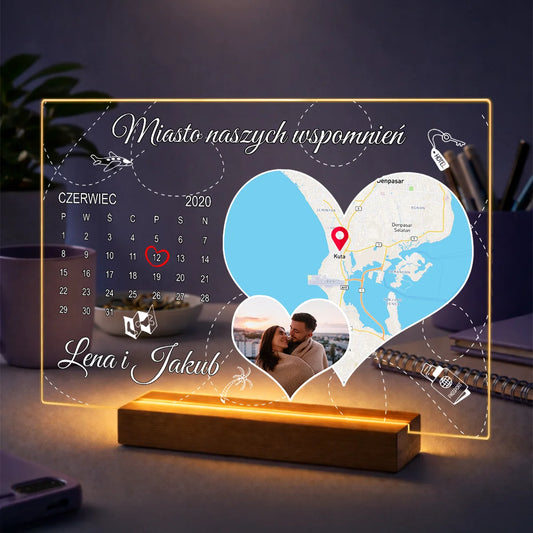 Personalizowana mapa serca na szkle akrylowym dla pary ze zdjęciem, datą i miejscem poznania, romantyczny prezent na rocznicę