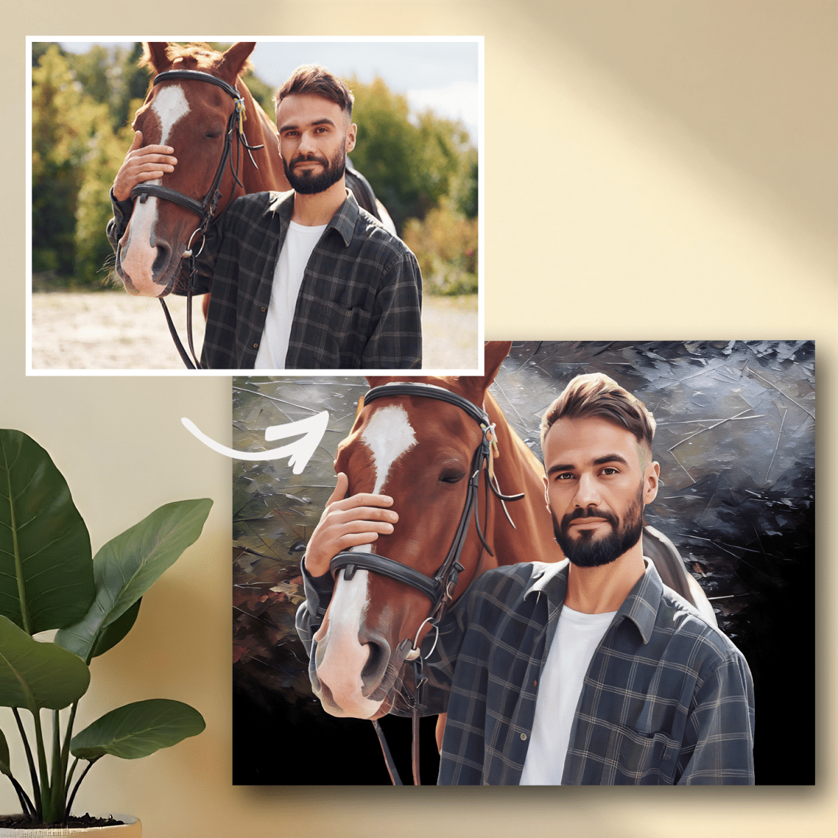 Image of Mężczyzna z koniem - obraz na płótnie z Twojego zdjęcia - Wymaluj Prezent