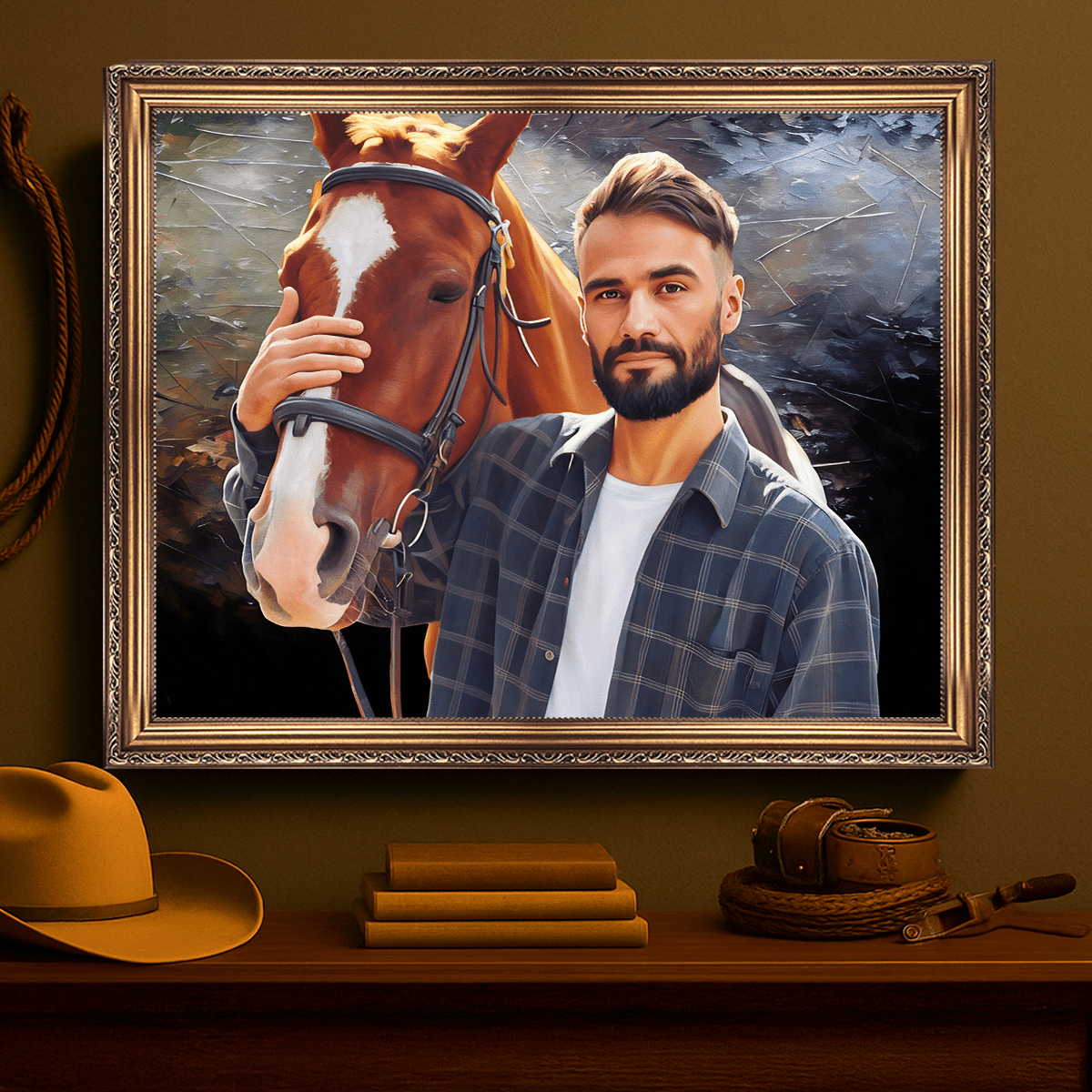 Mężczyzna z koniem - obraz na płótnie z Twojego zdjęcia - Wymaluj Prezent