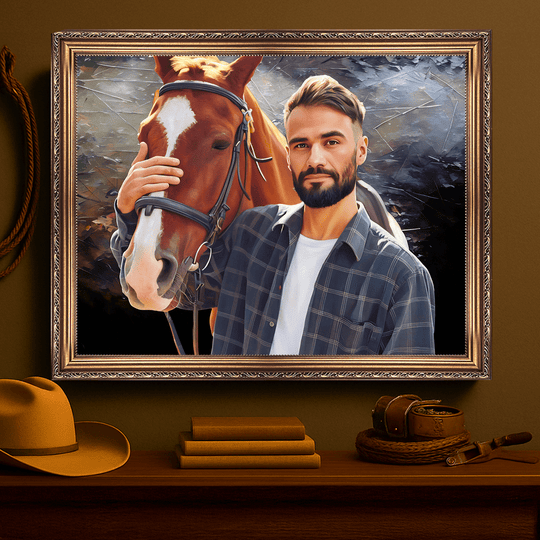 Mężczyzna z koniem - obraz na płótnie z Twojego zdjęcia