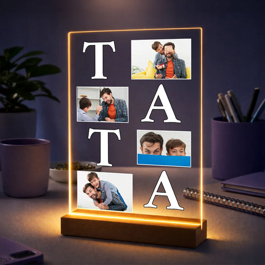 Pomysł na prezent dla taty na Dzień Ojca - kolaż ze zdjęć na szkle kompozycja ze słowem TATA