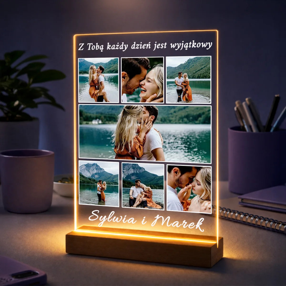 Oryginalny prezent dla niej i dla niego na rocznicę – kolaż 7 zdjęć na szkle imiona + romantyczny tekst