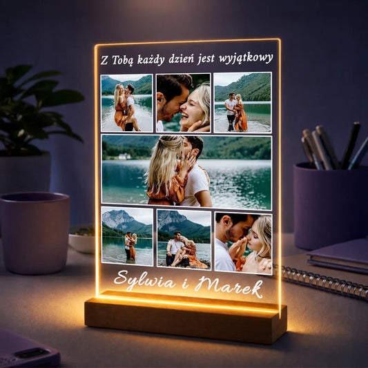 Oryginalny prezent dla niej i dla niego na rocznicę – kolaż 7 zdjęć na szkle imiona + romantyczny tekst