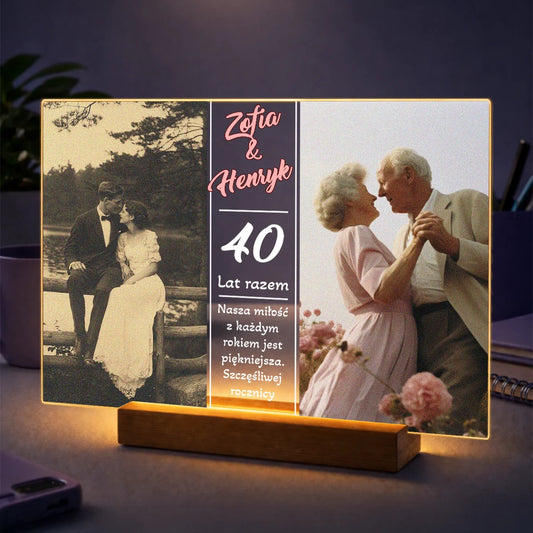 Oryginalny prezent dla pary na 40 rocznicę – kolaż z 2 zdjęć na szkle złota rocznica
