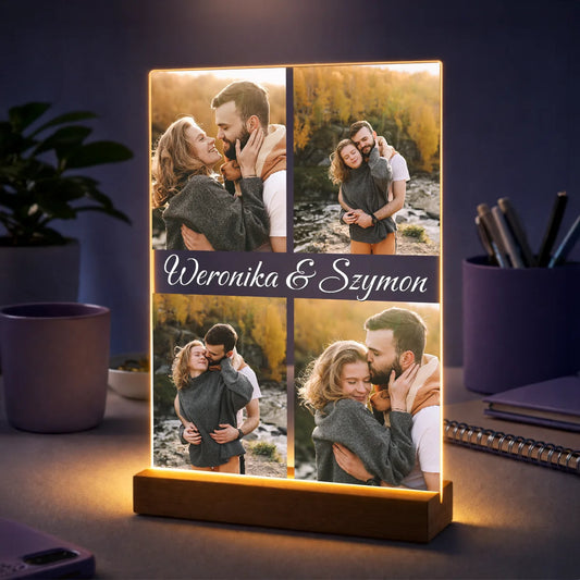 Oryginalny prezent dla pary na rocznicę – kolaż zdjęć personalizowany na szkle z imionami pary
