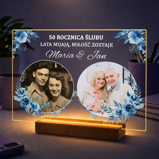 Oryginalny prezent dla pary na 50 rocznicę – kolaż 2 zdjęć na szkle z datą Lata mijają, miłość zostaje