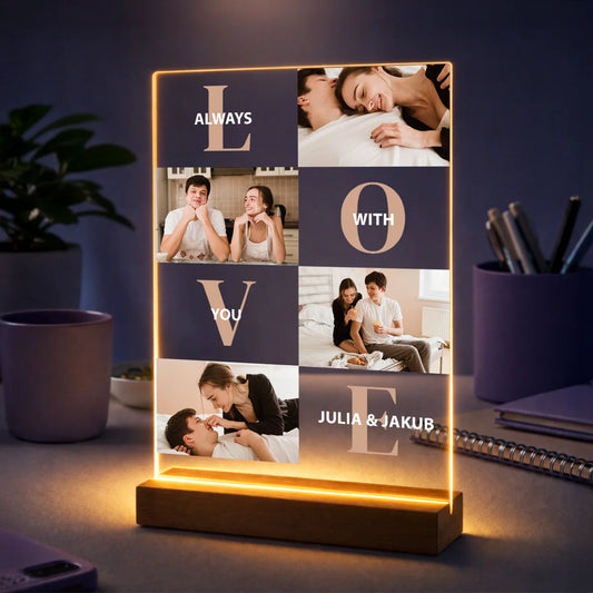 Oryginalny prezent dla pary na rocznicę – kolaż z 4 zdjęć na szkle z imionami i napisem Love with you