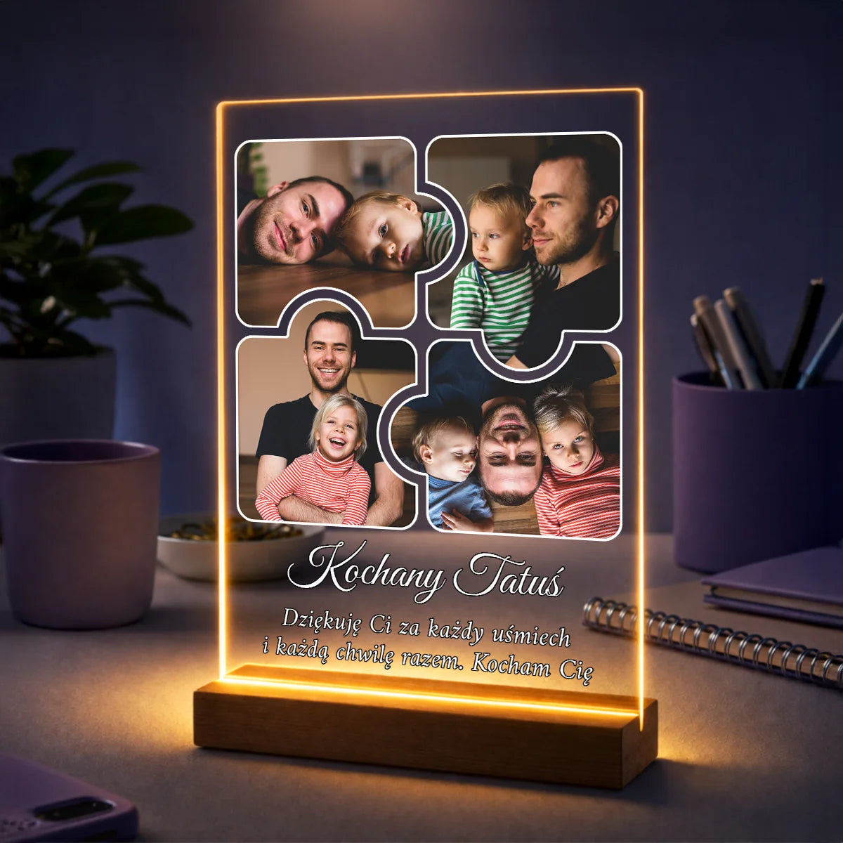 Personalizowany kolaż zdjęć na szkle dla taty ze zdjęcia, motyw puzzli i dedykacja, prezent na Dzień Ojca
