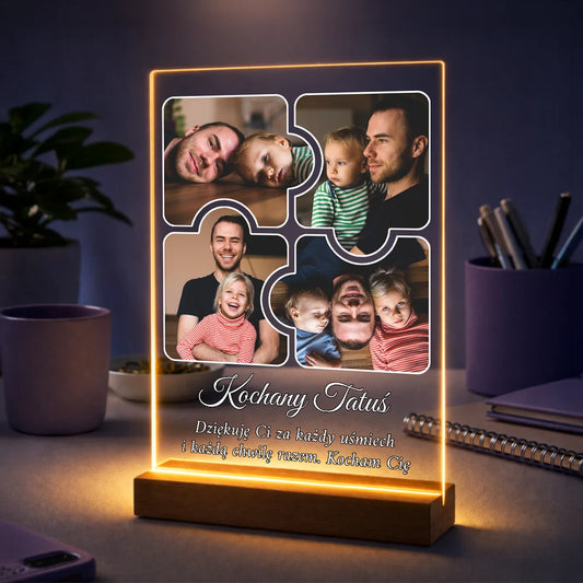Personalizowany kolaż zdjęć na szkle dla taty ze zdjęcia, motyw puzzli i dedykacja, prezent na Dzień Ojca