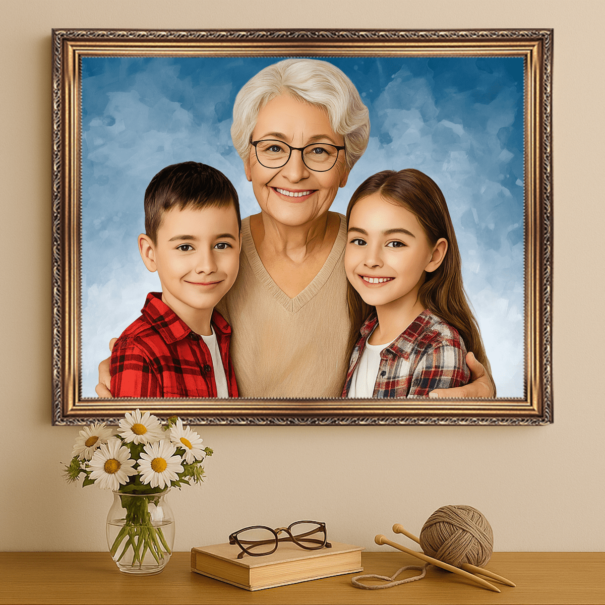 Portret babci z wnukami - obraz na płótnie z Twojego zdjęcia - Wymaluj Prezent