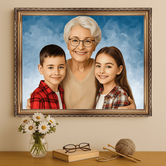 Portret babci z wnukami - obraz na płótnie z Twojego zdjęcia