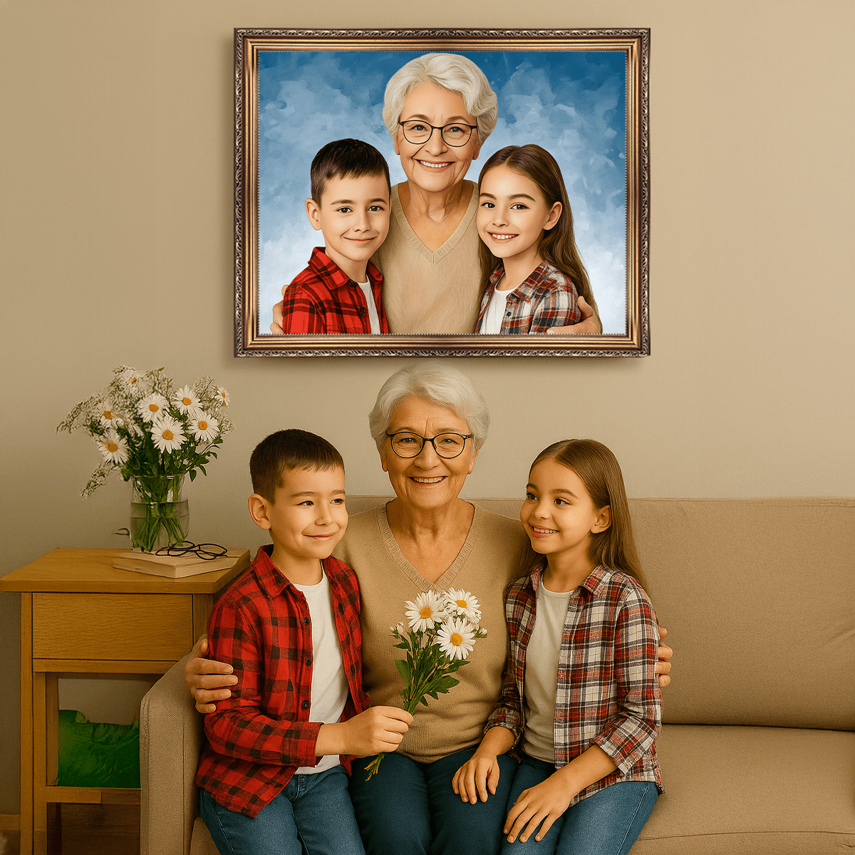 Portret babci z wnukami - obraz na płótnie z Twojego zdjęcia - Wymaluj Prezent