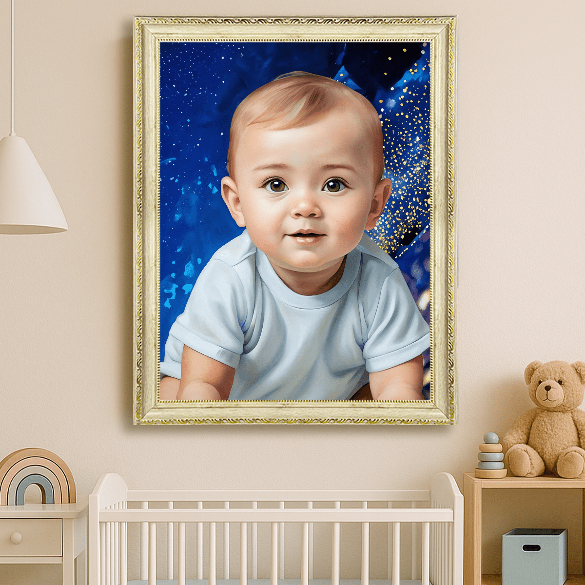 Image of Portret dziecka na niebieskim tle - obraz na płótnie z Twojego zdjęcia - Wymaluj Prezent