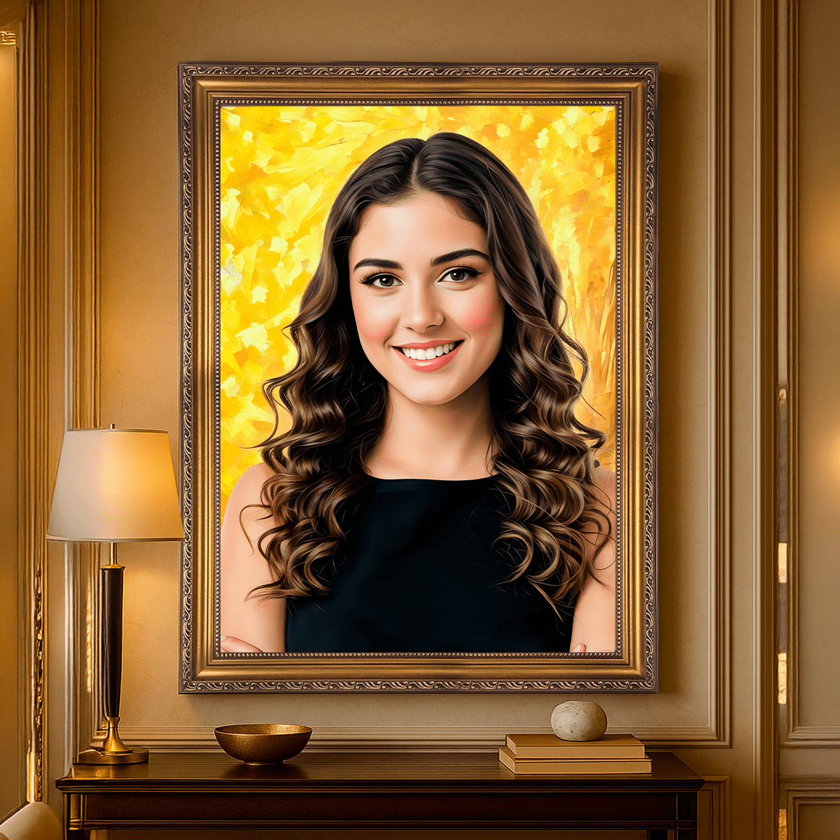 Image of Portret dziewczyny ze złotym tłem - obraz na płótnie z Twojego zdjęcia - Wymaluj Prezent