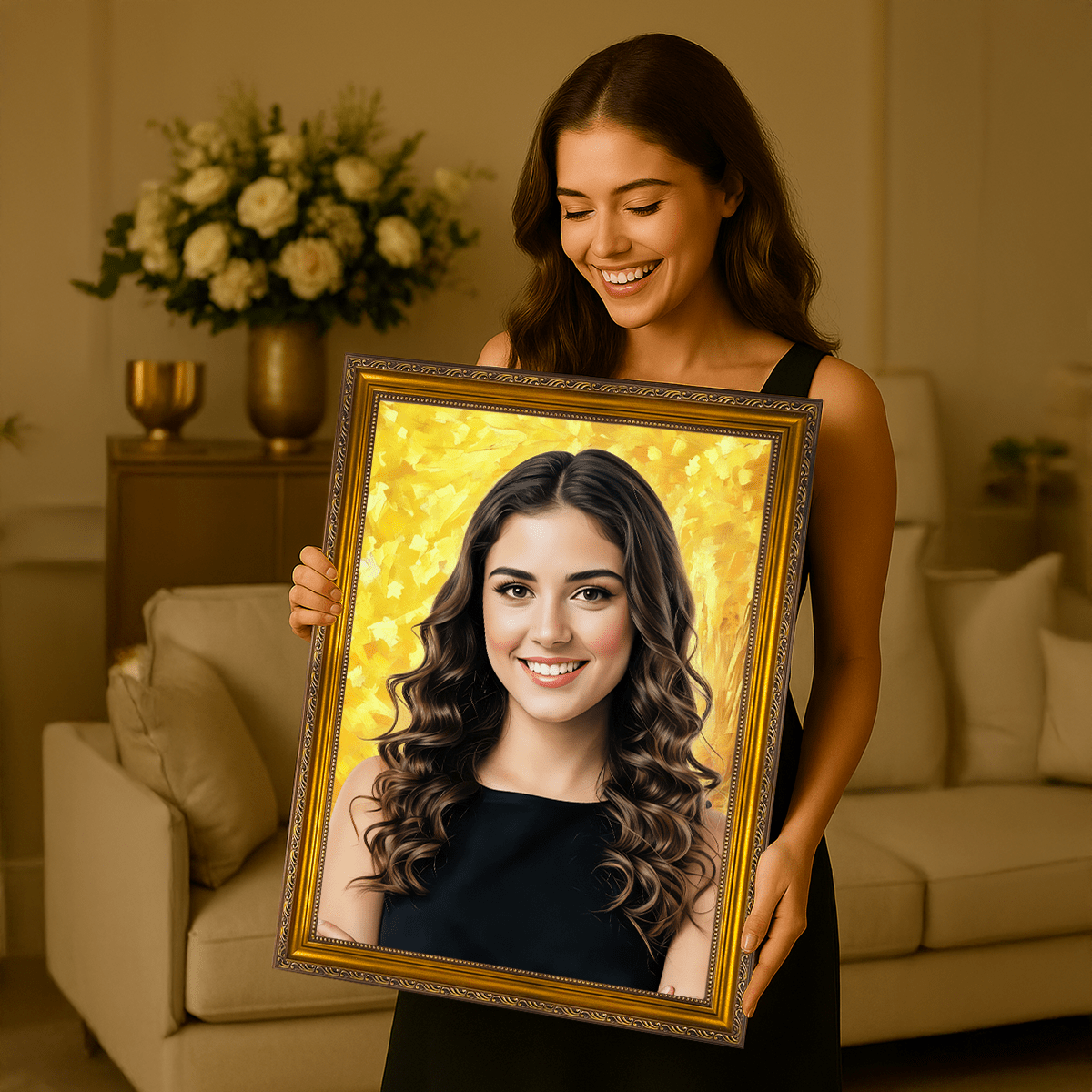 Portret dziewczyny ze złotym tłem - obraz na płótnie z Twojego zdjęcia - Wymaluj Prezent