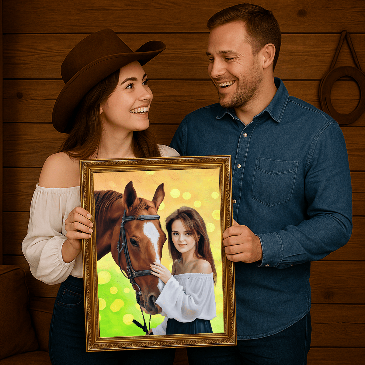 Image of Portret kobiety z koniem - obraz na płótnie z Twojego zdjęcia - Wymaluj Prezent