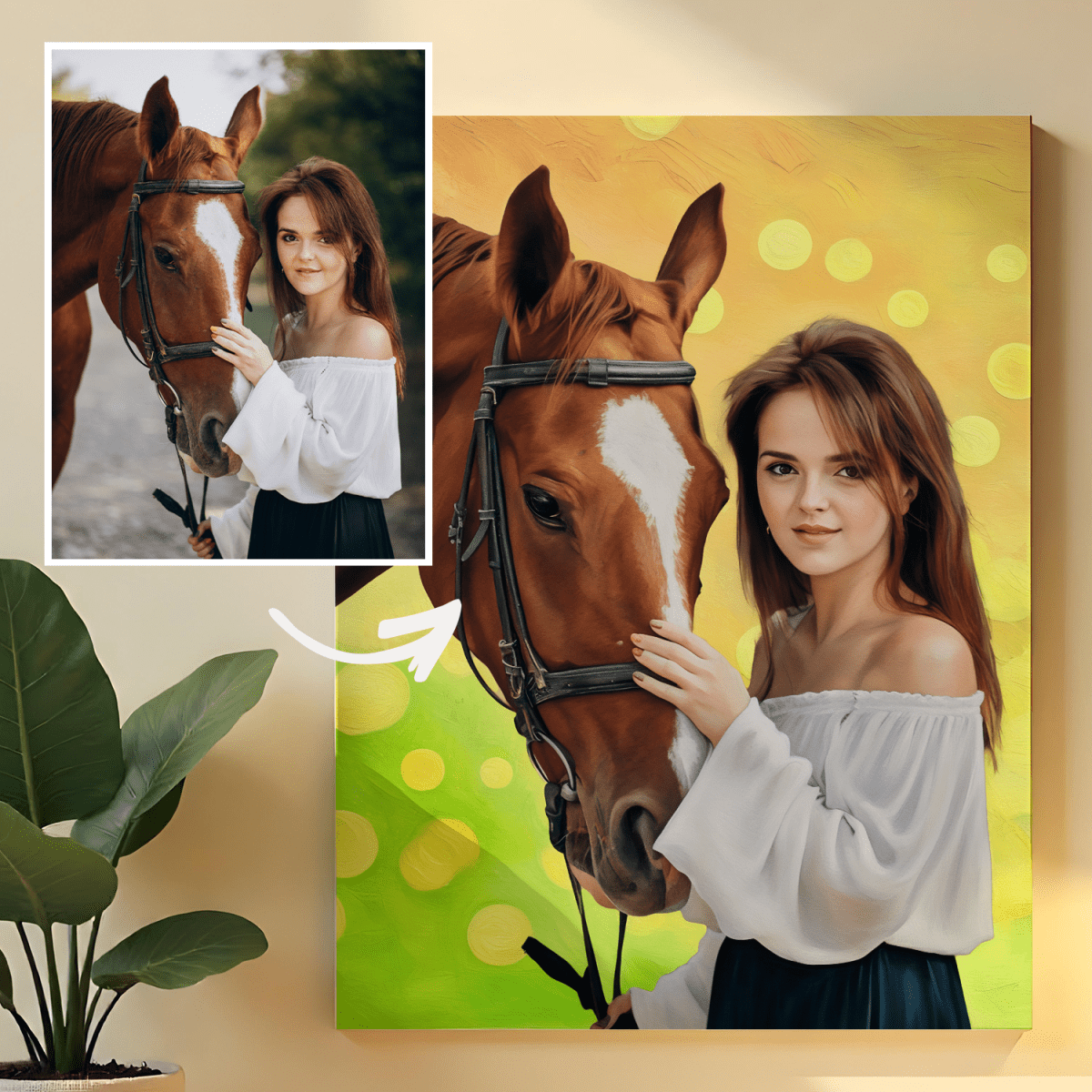 Image of Portret kobiety z koniem - obraz na płótnie z Twojego zdjęcia - Wymaluj Prezent