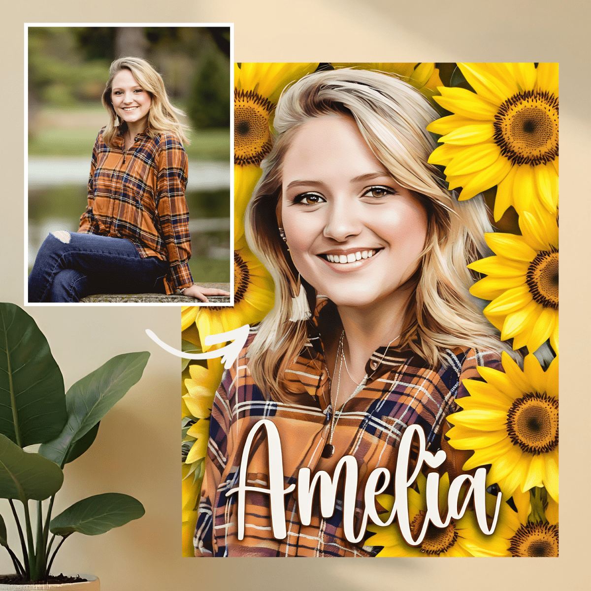 Image of Portret kobiety z kwiatowym tłem - druk na szkle, portret z Twojego zdjęcia - Wymaluj Prezent