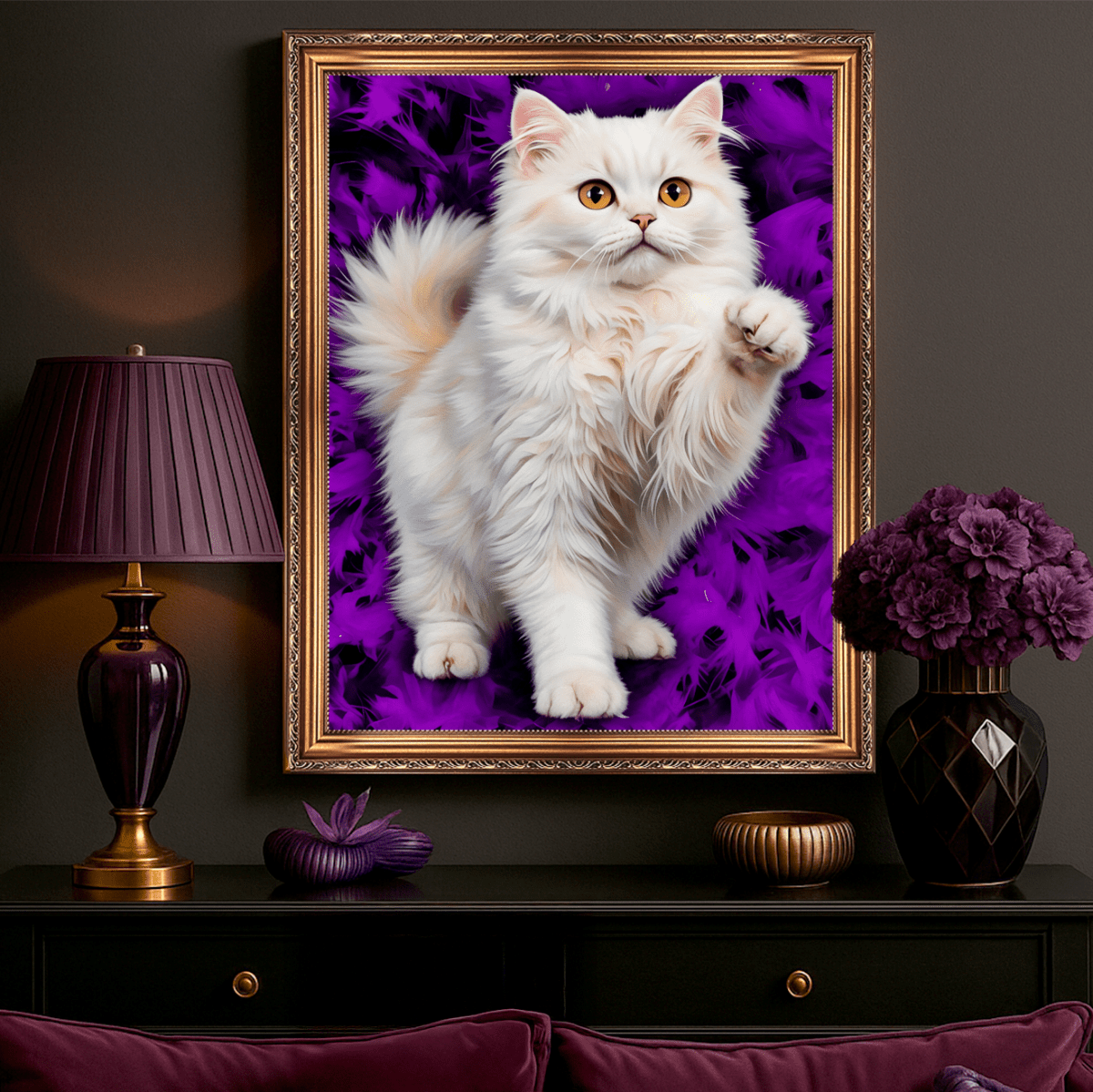 Portret kota z fioletowym tłem - obraz na płótnie z Twojego zdjęcia - Wymaluj Prezent