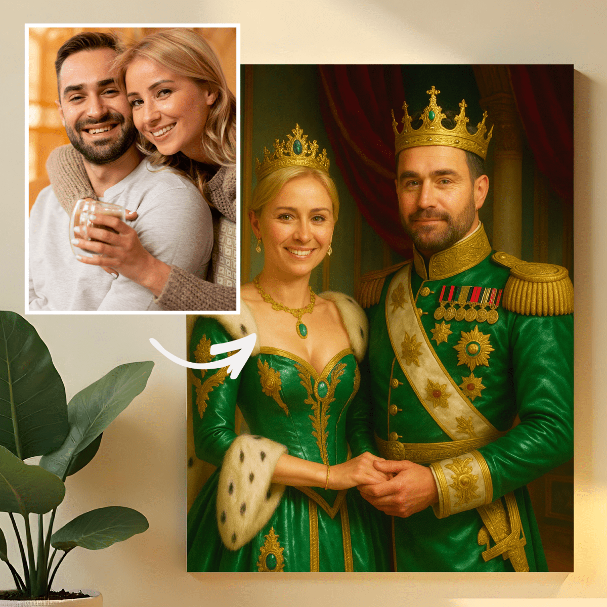 Image of Portret Króla i Królowej w zielonych szatach - obraz na płótnie z Twojego zdjęcia - Wymaluj Prezent