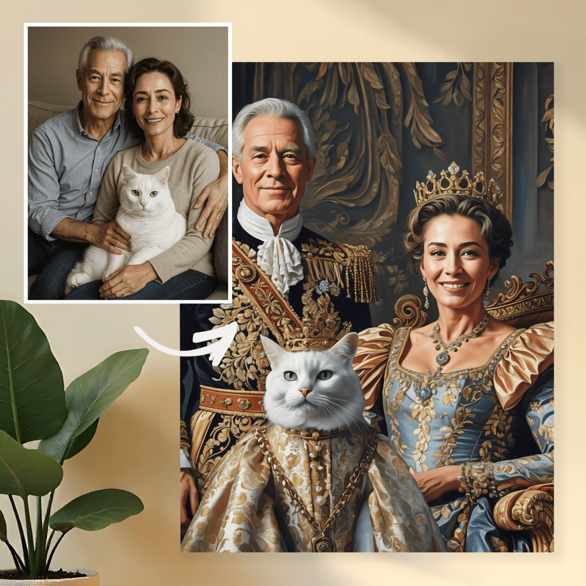 Image of Portret króla i królowej z kotem - obraz na płótnie z Twojego zdjęcia - Wymaluj Prezent