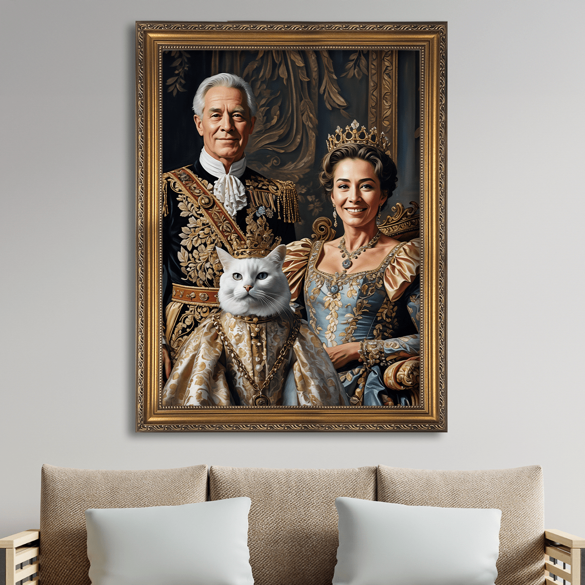 Image of Portret króla i królowej z kotem - obraz na płótnie z Twojego zdjęcia - Wymaluj Prezent