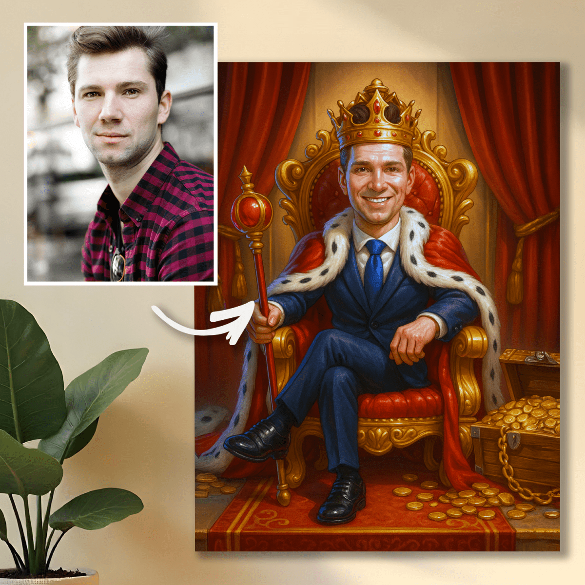 Image of Portret króla w karykaturalnym stylu - obraz na płótnie z Twojego zdjęcia - Wymaluj Prezent