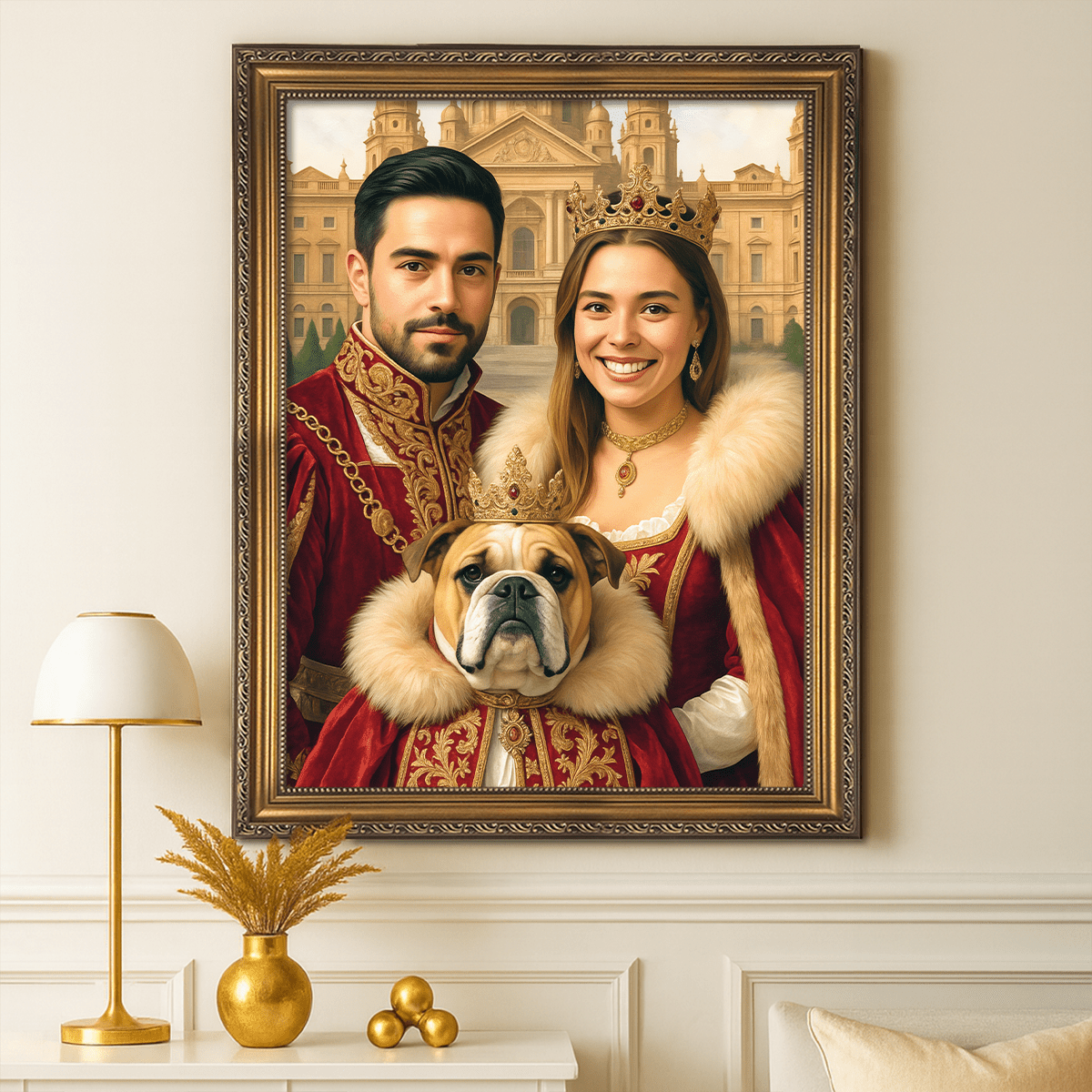 Portret królewskiej pary z psem - obraz na płótnie z Twojego zdjęcia - Wymaluj Prezent