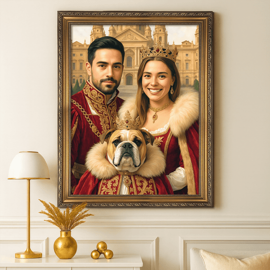 Portret królewskiej pary z psem - obraz na płótnie z Twojego zdjęcia