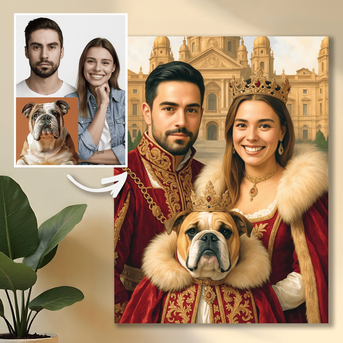 Portret królewskiej pary z psem - obraz na płótnie z Twojego zdjęcia - Wymaluj Prezent