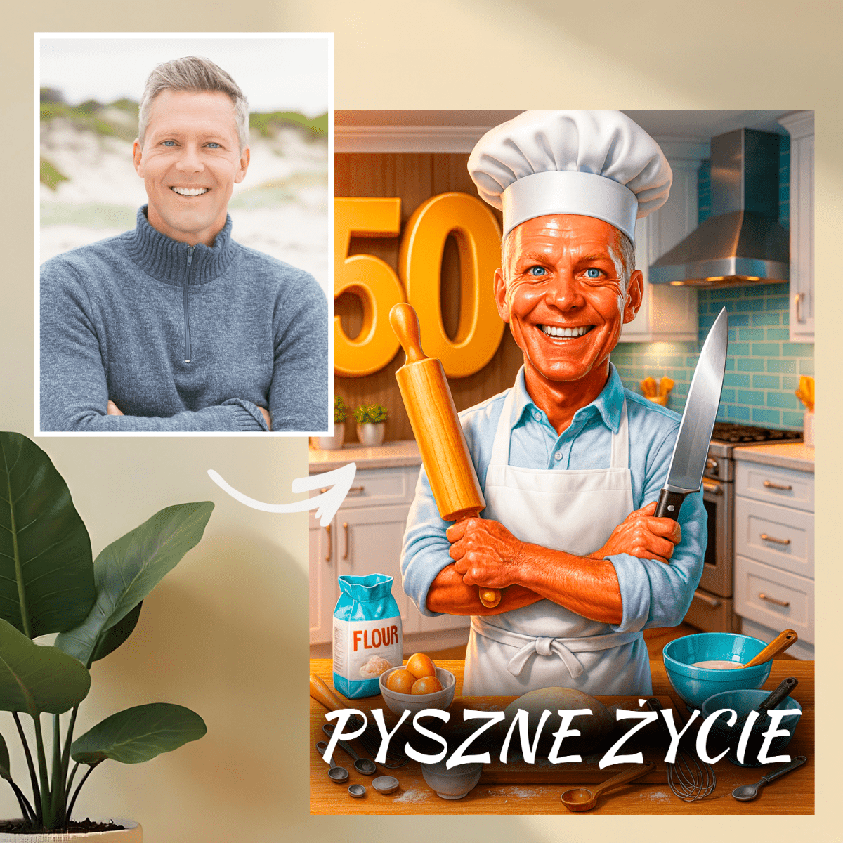 Portret kucharza na 50. - druk na szkle, portret z Twojego zdjęcia - Wymaluj Prezent