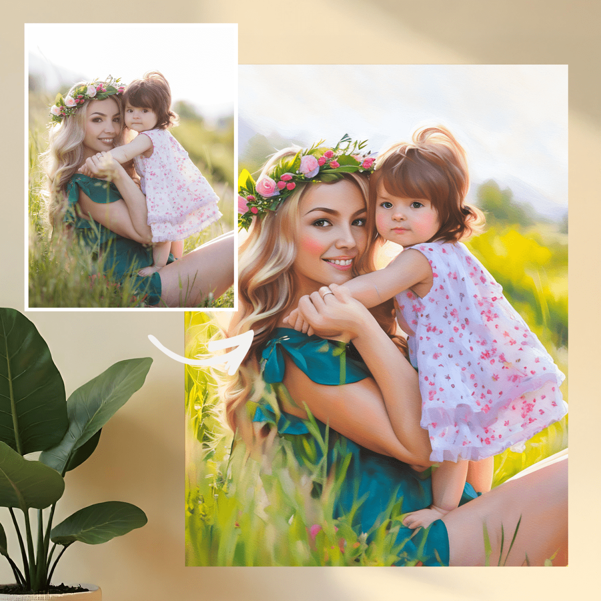 Image of Portret mamy i córki w stylu olejnym - druk na szkle, portret z Twojego zdjęcia - Wymaluj Prezent