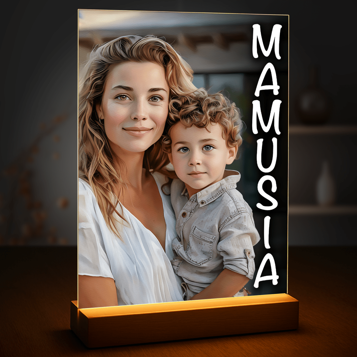 Portret mamy z dzieckiem + napis - druk na szkle, portret z Twojego zdjęcia - Wymaluj Prezent