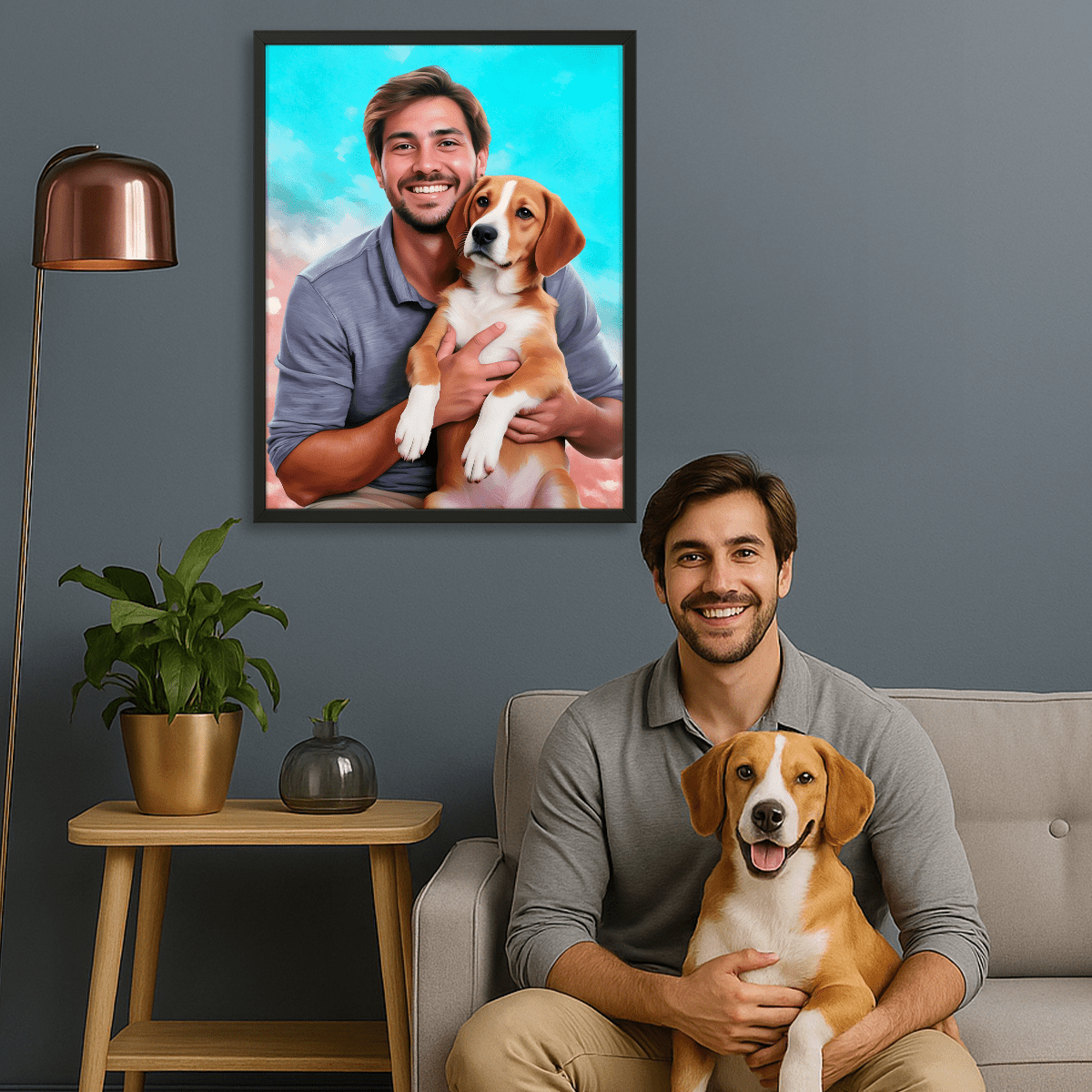 Portret mężczyzny z ukochanym psem - obraz na płótnie z Twojego zdjęcia - Wymaluj Prezent