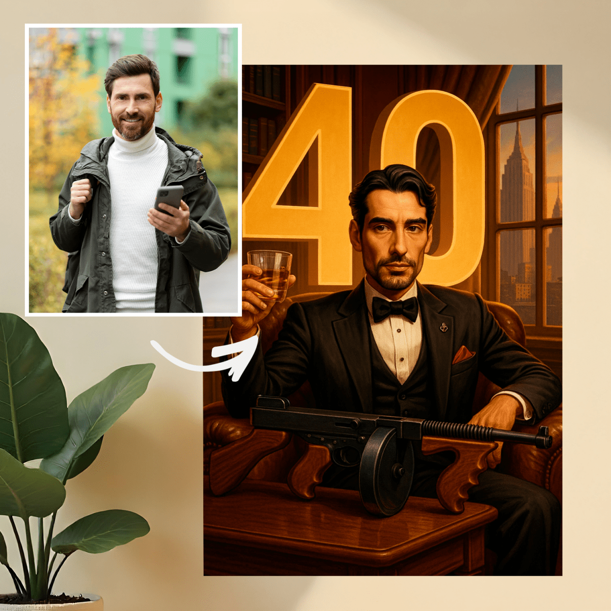 Portret na 40. w stylu mafioso - druk na szkle, portret z Twojego zdjęcia - Wymaluj Prezent