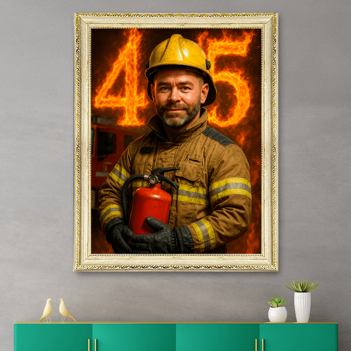 Image of Portret na 45 urodziny strażaka - obraz na płótnie z Twojego zdjęcia - Wymaluj Prezent
