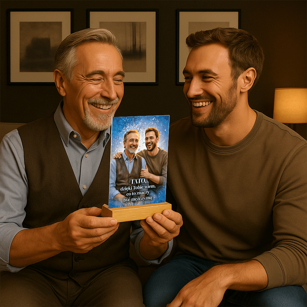 Portret ojca i syna + tekst - druk na szkle, portret z Twojego zdjęcia - Wymaluj Prezent