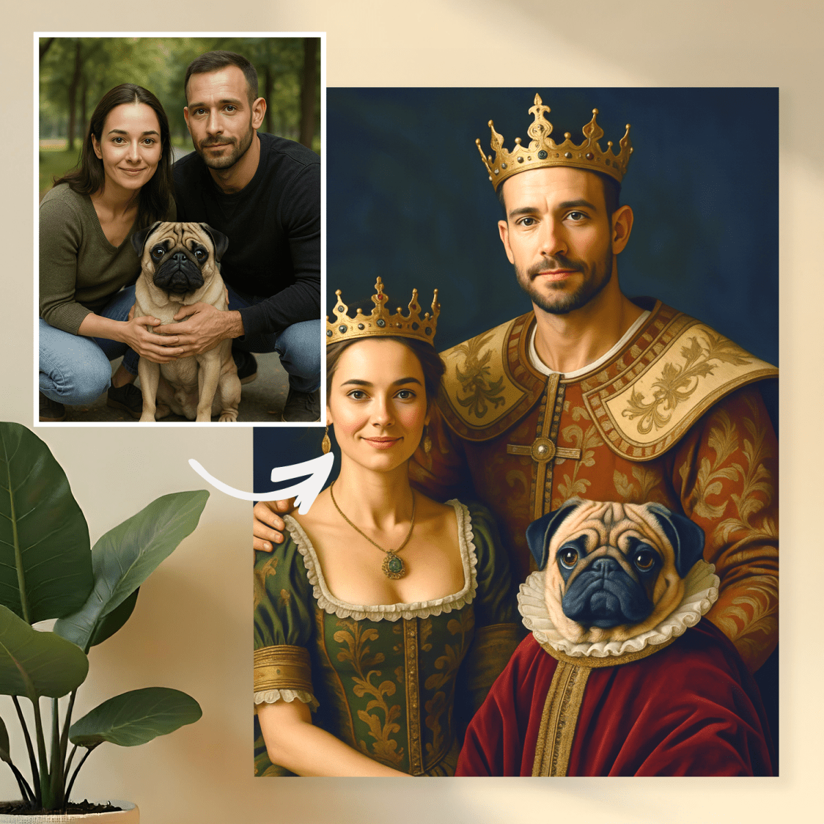 Portret pary królewskiej z psem - obraz na płótnie z Twojego zdjęcia - Wymaluj Prezent