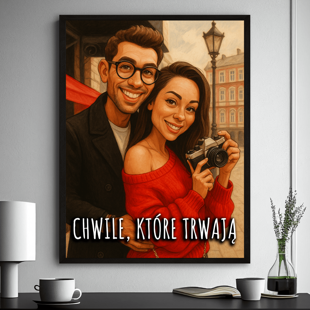 Portret pary w rysunkowym stylu + napis - plakat z Twojego zdjęcia - Wymaluj Prezent