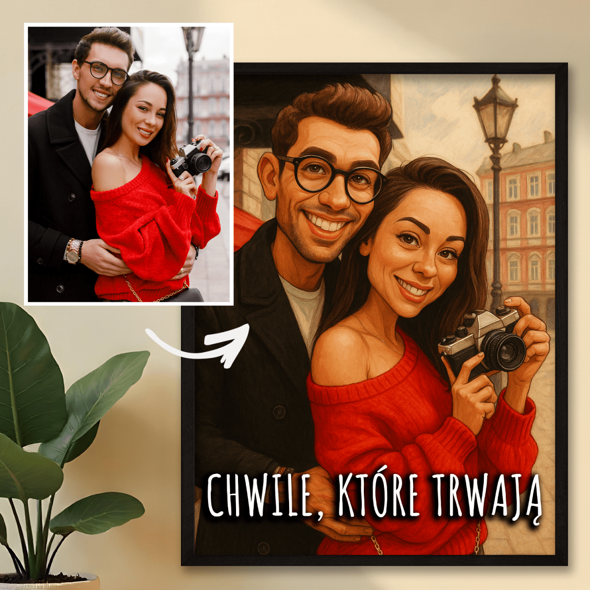 Portret pary w rysunkowym stylu + napis - plakat z Twojego zdjęcia - Wymaluj Prezent