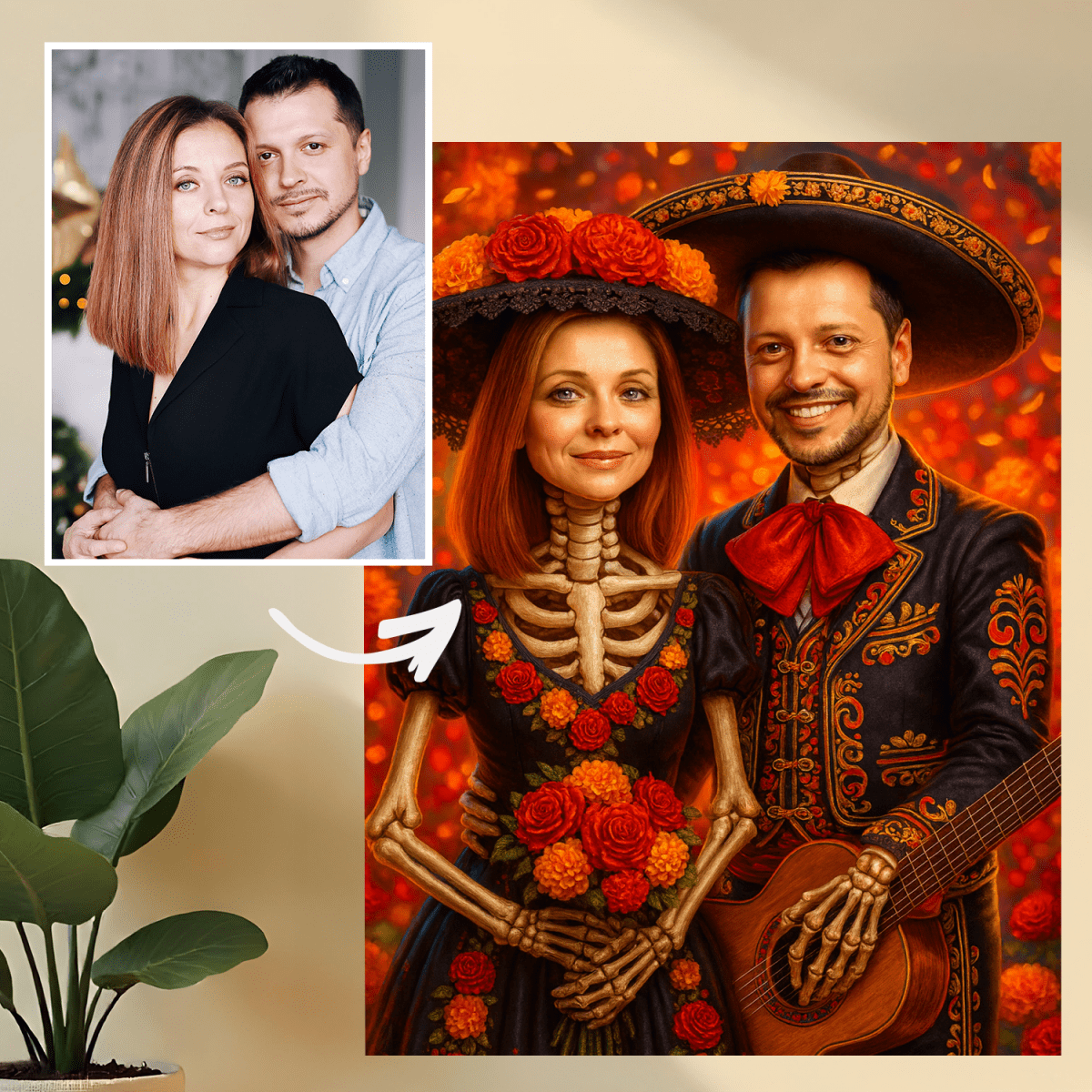 Image of Portret pary w stylu Día de los Muertos - obraz na płótnie z Twojego zdjęcia - Wymaluj Prezent