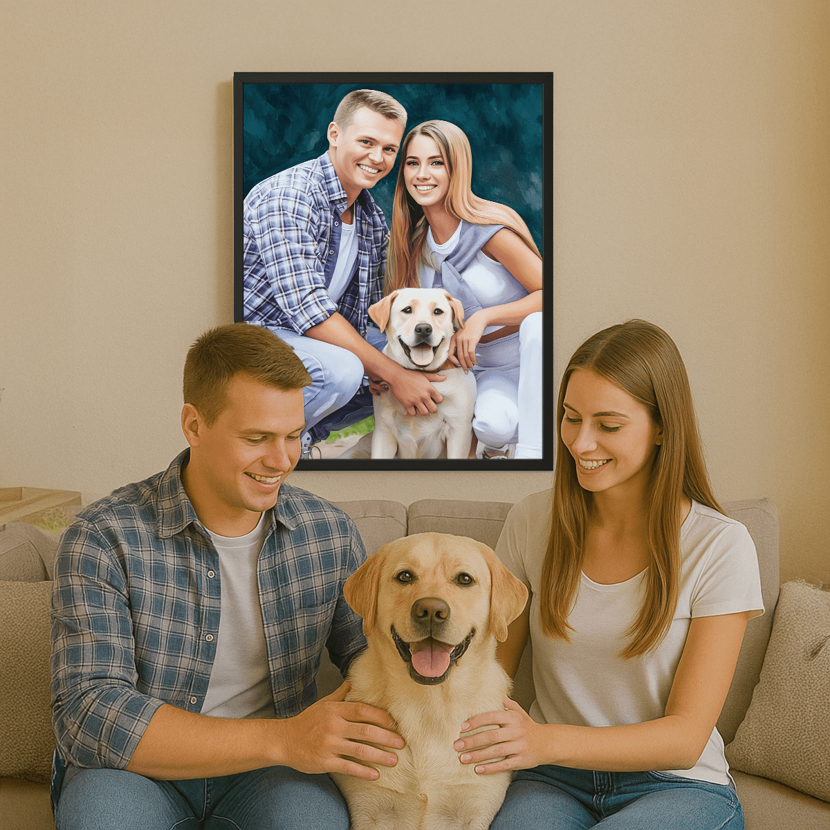 Image of Portret pary z psem - obraz na płótnie z Twojego zdjęcia - Wymaluj Prezent