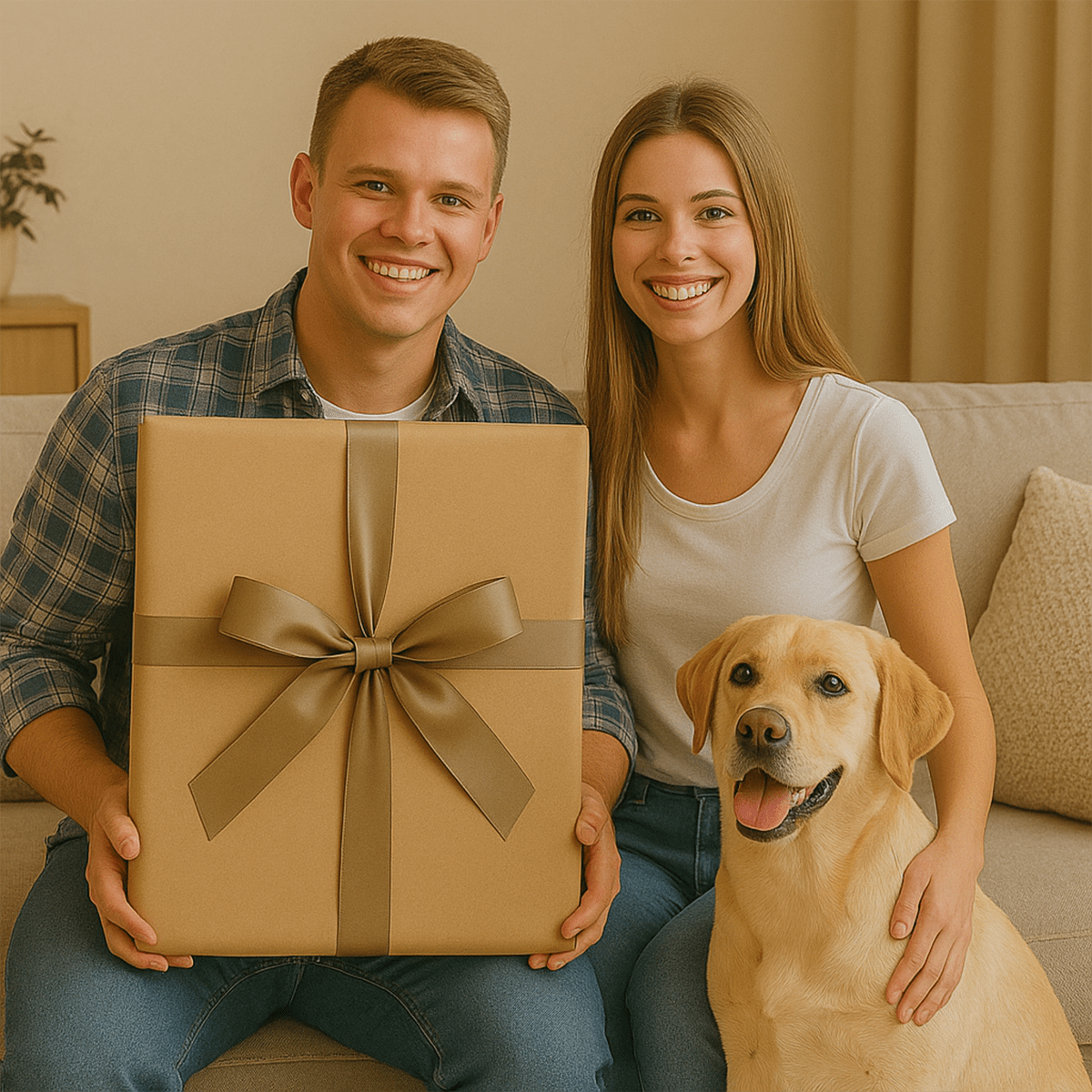 Image of Portret pary z psem - obraz na płótnie z Twojego zdjęcia - Wymaluj Prezent