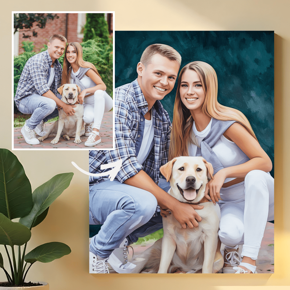 Image of Portret pary z psem - obraz na płótnie z Twojego zdjęcia - Wymaluj Prezent